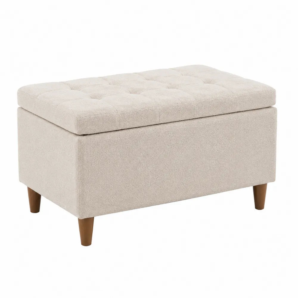 Pouf contenitore rettangolare imbottito in tessuto poliestere beige chiaro con gambe in legno 90 x 45 x 45 cm
