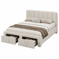 Letto matrimoniale imbottito con contenitore e cassetti in legno composito rivestito in tessuto beige struttura con testiera imbottita