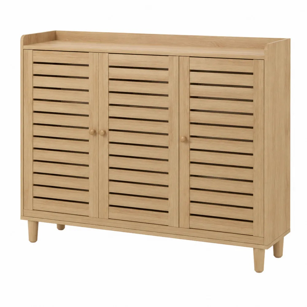 scarpiera contenitore in legno effetto rovere con 3 ante a doghe e ripiani interni colore legno naturale