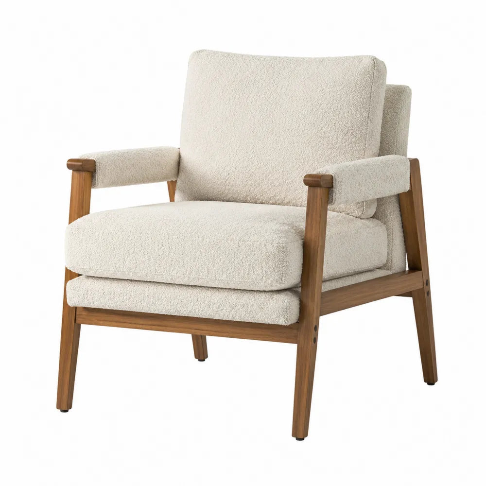 Poltrona imbottita con braccioli in tessuto bouclé beige e struttura in legno naturale 62 x 68 x 80 cm