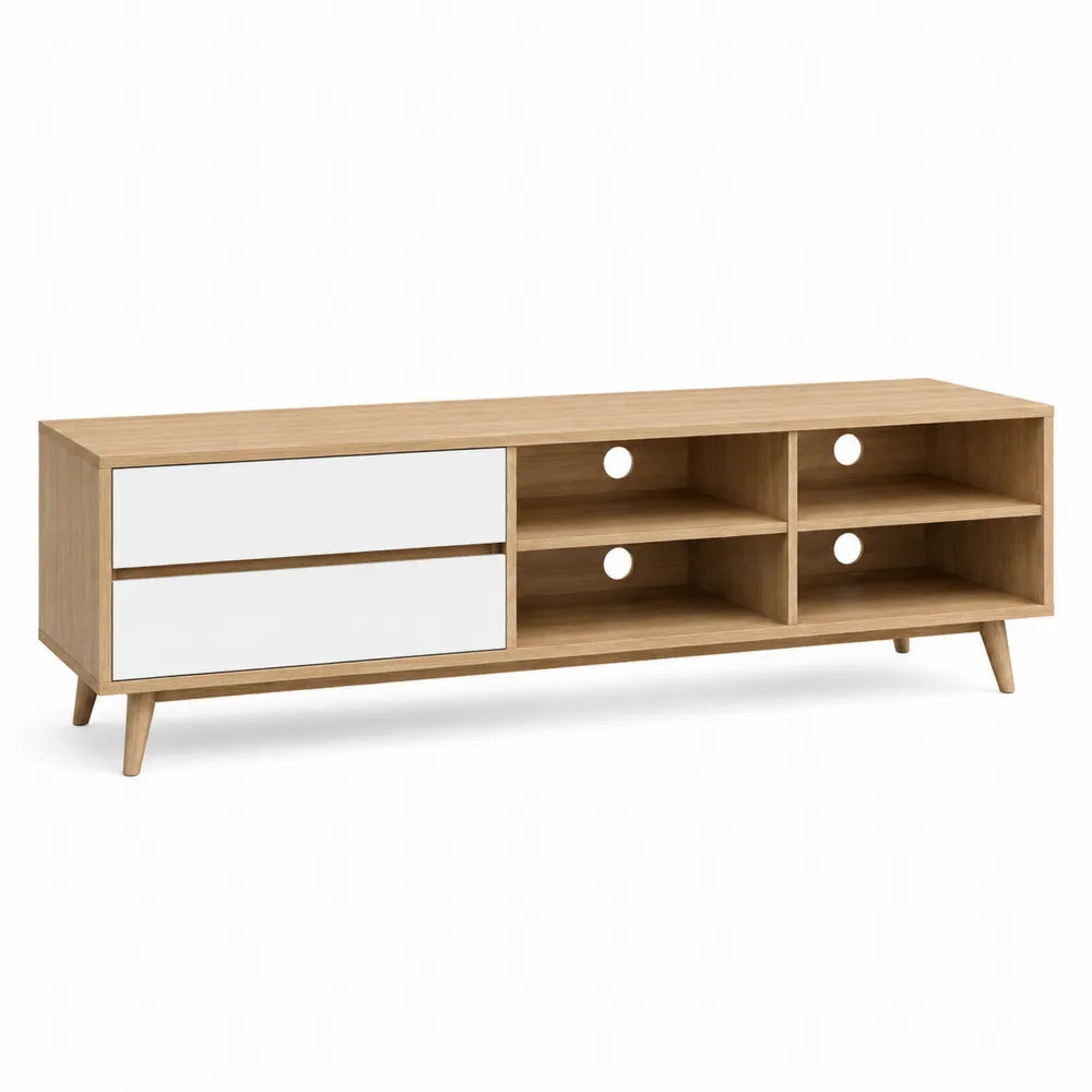 Mobile TV rettangolare in MDF effetto legno naturale e bianco con 2 cassetti e 4 vani 160 x 40 x 50 cm