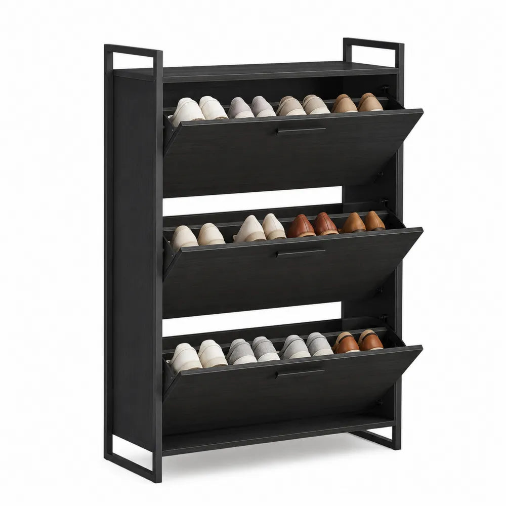 Scarpiera a ribalta in MDF e acciaio verniciato nero struttura metallica 3 ante 120 cm 80 cm 24 cm