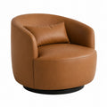 Poltrona girevole rotonda in ecopelle PU marrone cognac con cuscino e base in metallo nero 80 x 80 x 75 cm