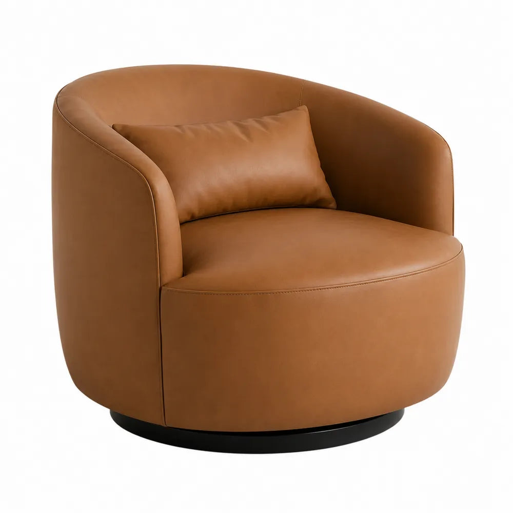 Poltrona girevole rotonda in ecopelle PU marrone cognac con cuscino e base in metallo nero 80 x 80 x 75 cm