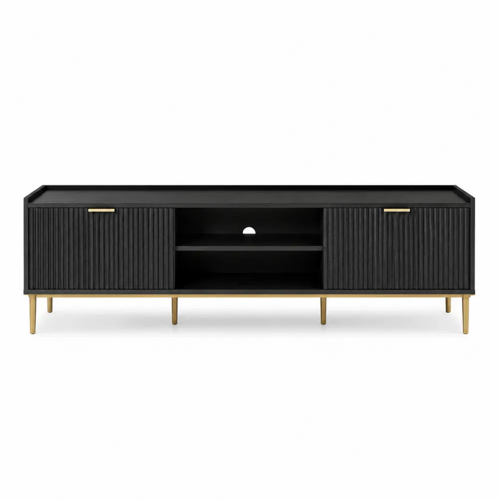 Mobile TV 180 x 40 x 50 cm in MDF nero con ante a doghe e struttura in metallo dorato con vano centrale aperto e passacavi