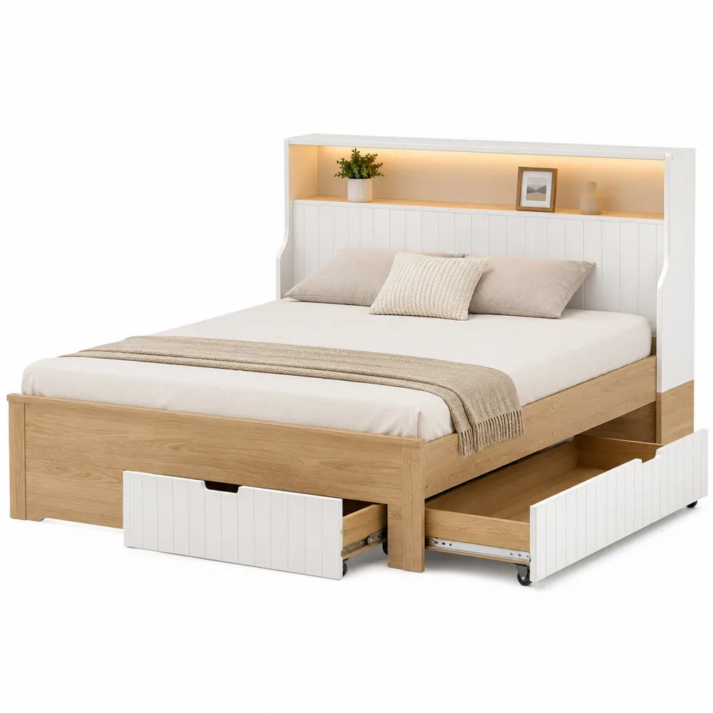 Letto matrimoniale 160x200 cm con contenitore e cassetti struttura in legno ingegnerizzato finitura bianco e legno naturale testiera con mensola e luce LED