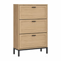 Mobile scarpiera rettangolare a 3 ribalte in truciolare effetto rovere naturale con gambe in acciaio nero 80 x 25 x 120 cm