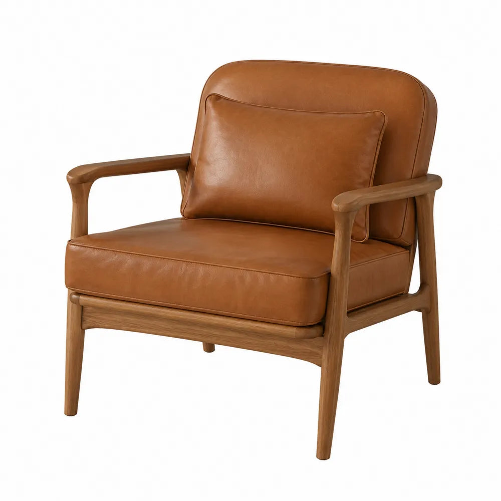 Poltrona con braccioli in pelle sintetica effetto cuoio struttura in legno massello colore marrone e legno naturale 75 x 80 x 85 cm