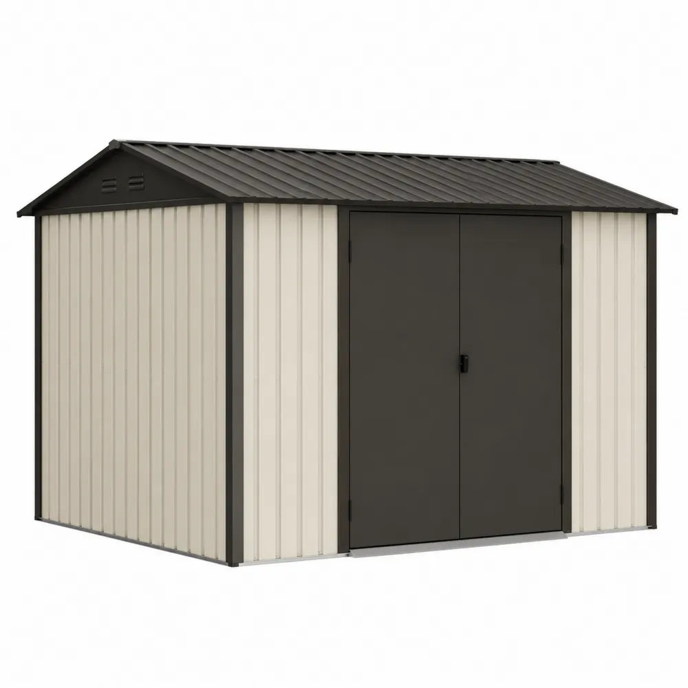 capanno da giardino in acciaio zincato per deposito esterno con doppia porta tetto a falde colore beige e grigio dimensioni non disponibili