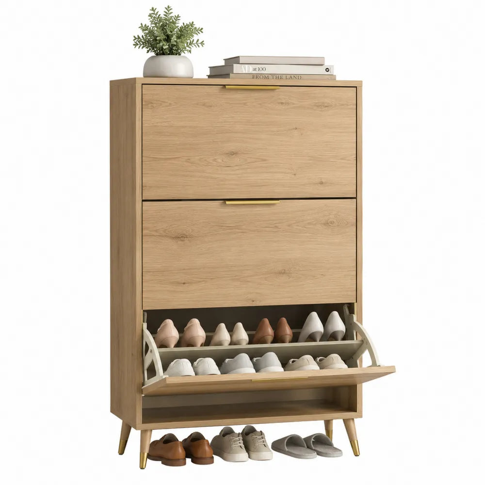Scarpiera in MDF effetto legno naturale con 2 ante ribaltabili 1 anta superiore e ripiano aperto struttura 100 cm 70 cm 24 cm