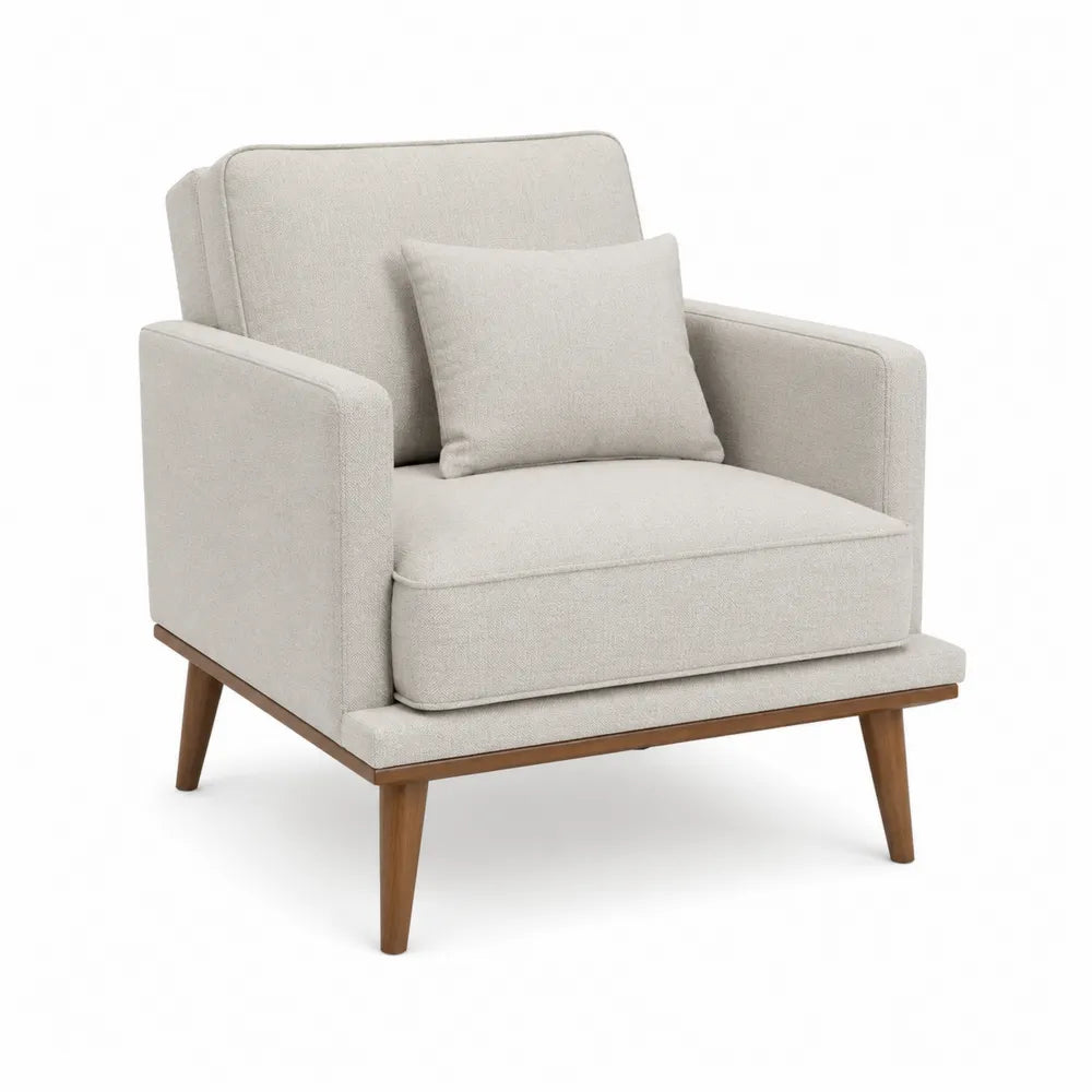 Poltrona con braccioli in legno massello e rivestimento in tessuto poliestere beige con cuscino schienale 75 x 80 x 78 cm