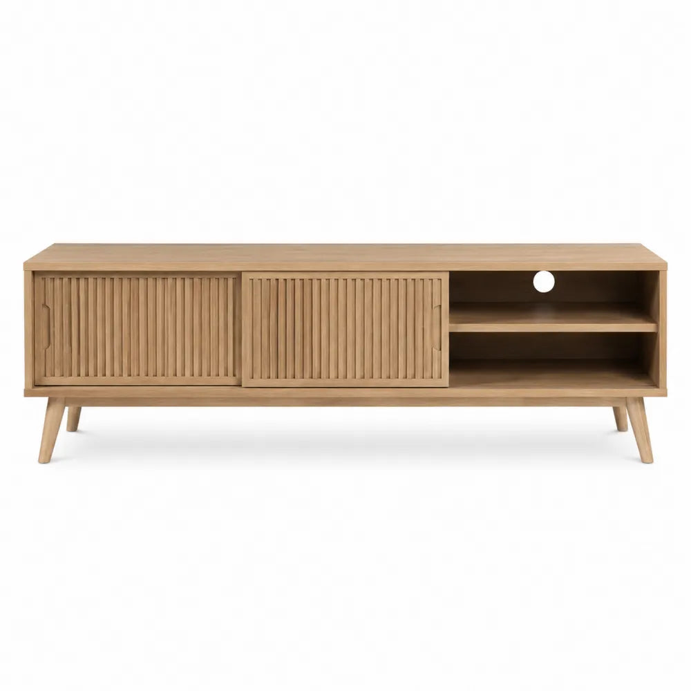 Mobile TV in legno MDF effetto rovere naturale con ante scorrevoli e vani a giorno 180 x 40 x 50 cm