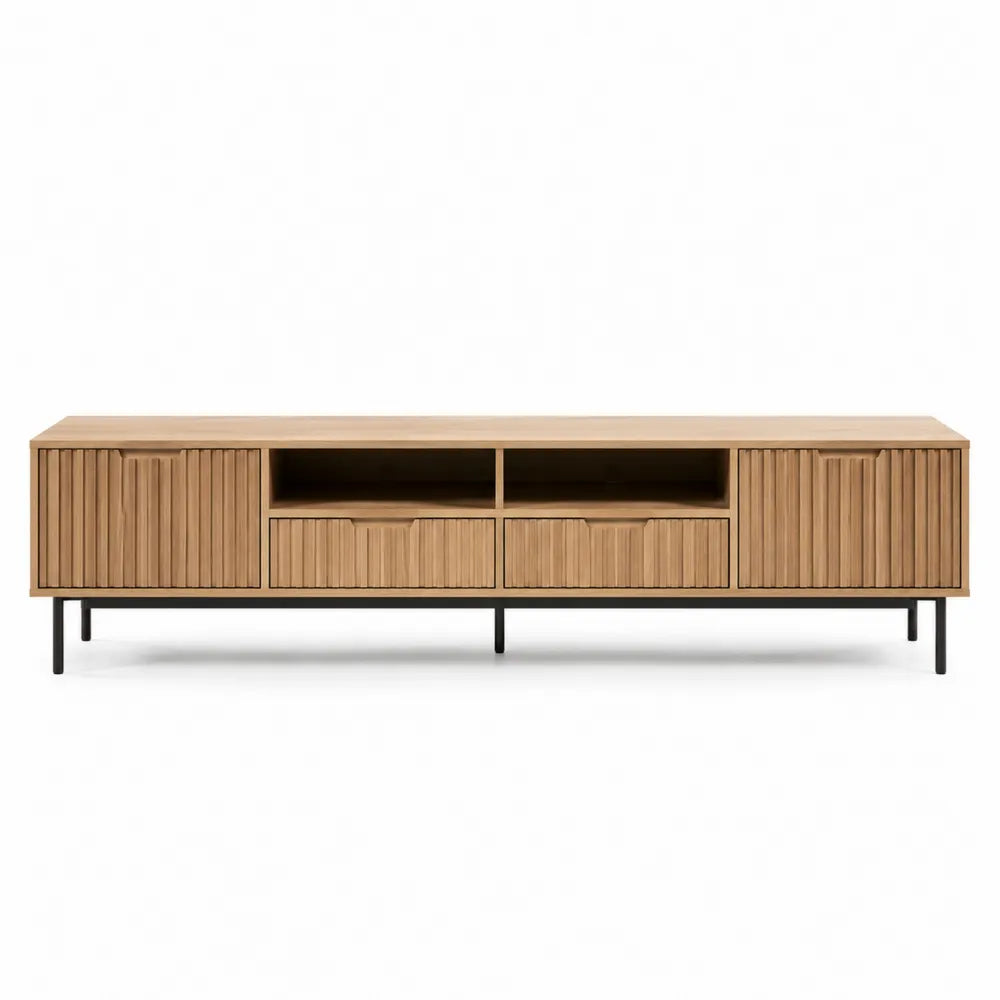 Mobile TV rettangolare in MDF effetto rovere naturale con ante a doghe vani aperti e gambe in acciaio nero 180 x 40 x 55 cm