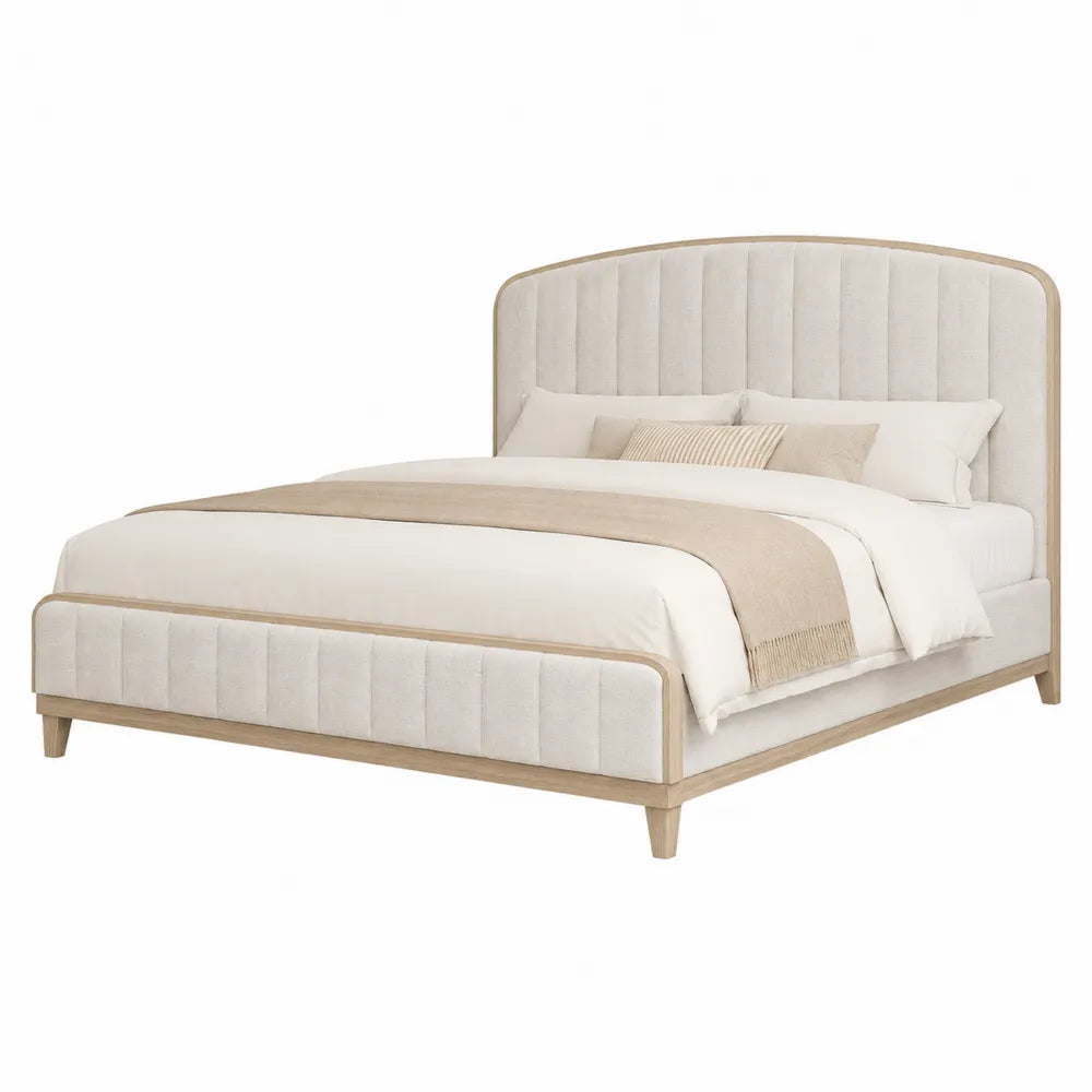 Letto matrimoniale rettangolare con testiera imbottita in MDF effetto rovere e tessuto beige 160 x 200 cm